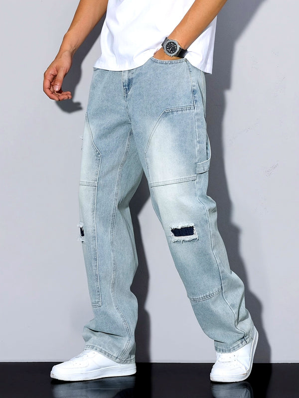 Men's high-end retro ripped patchwork light-colored jeans.