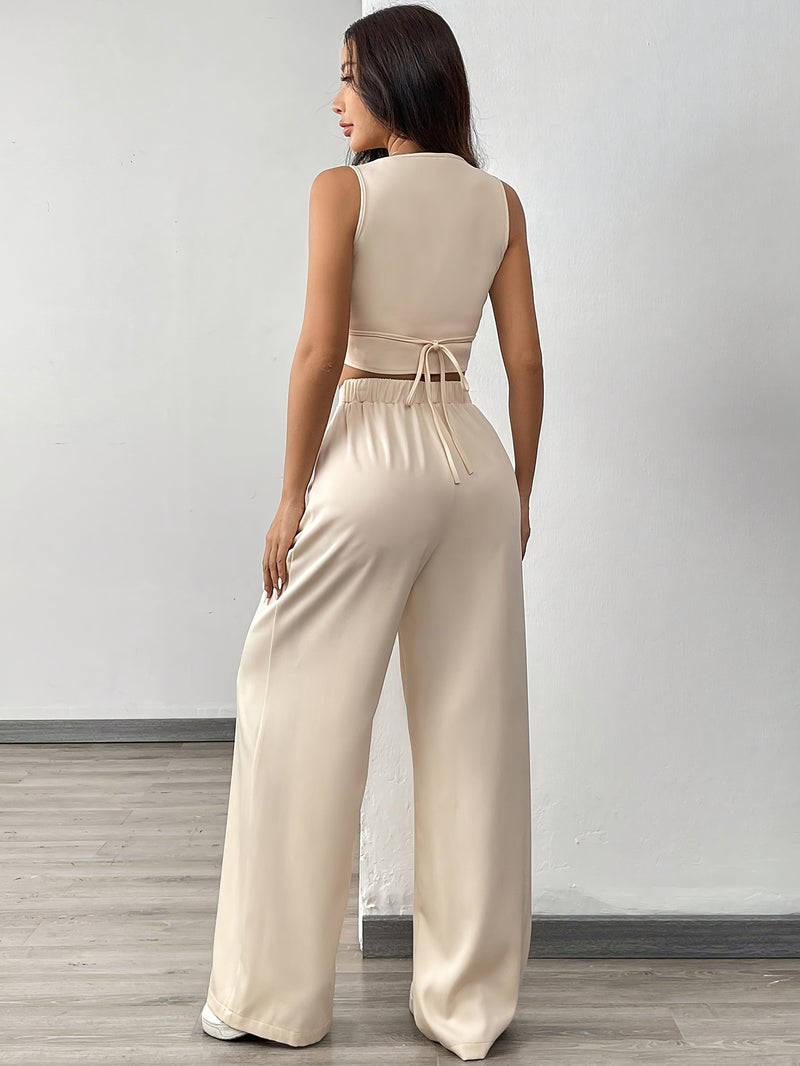 Women’s Apricot-Colored Sleeveless Cardigans with Square Necklines And Loose-Fitting Wide-Leg Pants.