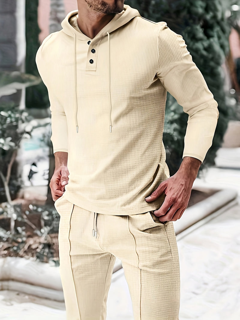 A Two-Piece Casual Outfit for Men Hooded Long-Sleeve T-Shirt.