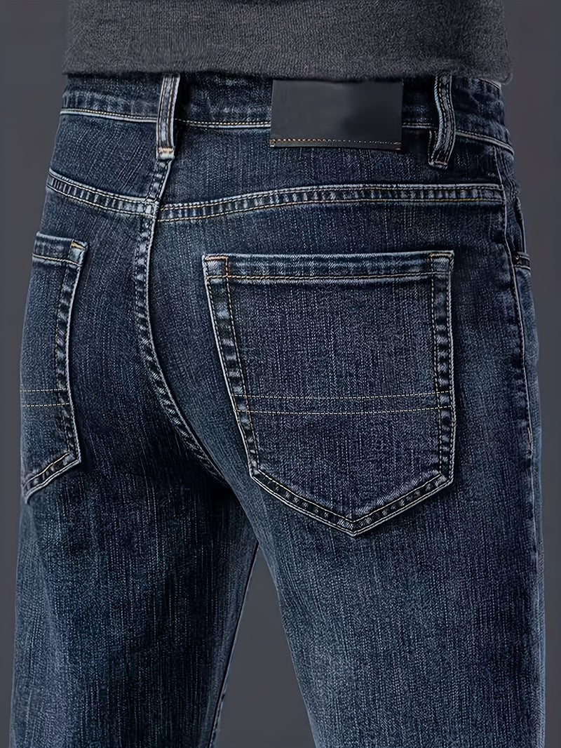 Men's Slim-Fit Stretch Denim Jeans in Dark Blue, Suitable for All Seasons.