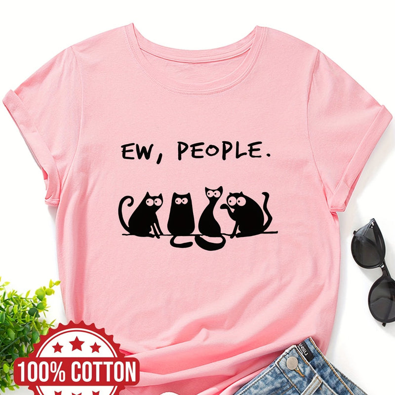 Women’s cat Print Ladies' T-shirt Casual Top for Summer & Spring.