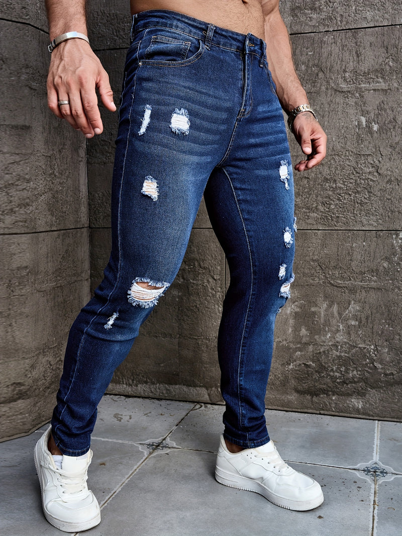 Men's Skinny Ripped Jeans Medium Stretch, Solid Color, All-Season Fit.