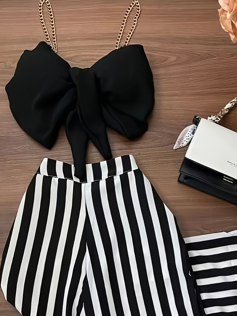 2pcs Women’s Elegant Black Tie-Up Camisole And Black And White Striped Wide-Leg Pants.
