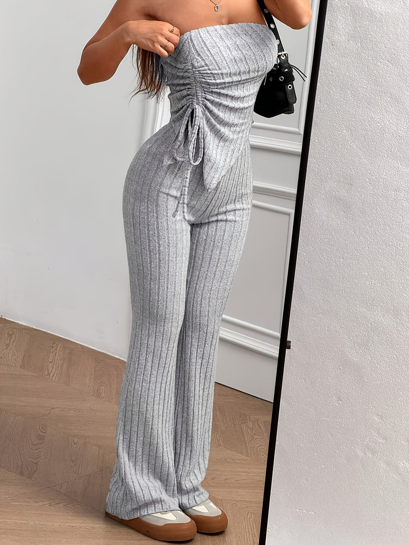 2pcs Women’s Elegant Ribbed Drawstring Strapless Top And Slim-Fit Pants.