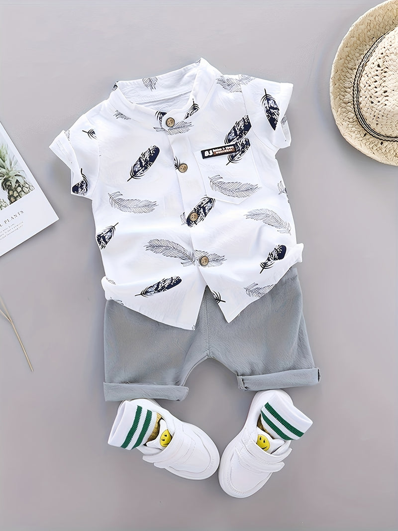 Youngsters Summer Feather Print Short Sleeve Shirt & Shorts Set.