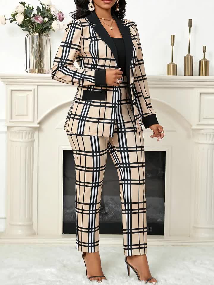 Women's Suit Set, Classic Plaid Slim Fit Business Workplace Suit with Collar.