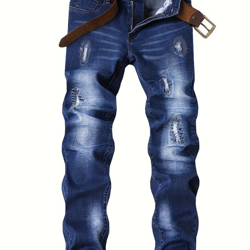 Men's Slim-Fit Stretch Denim Jeans in Dark Blue, Suitable for All Seasons.