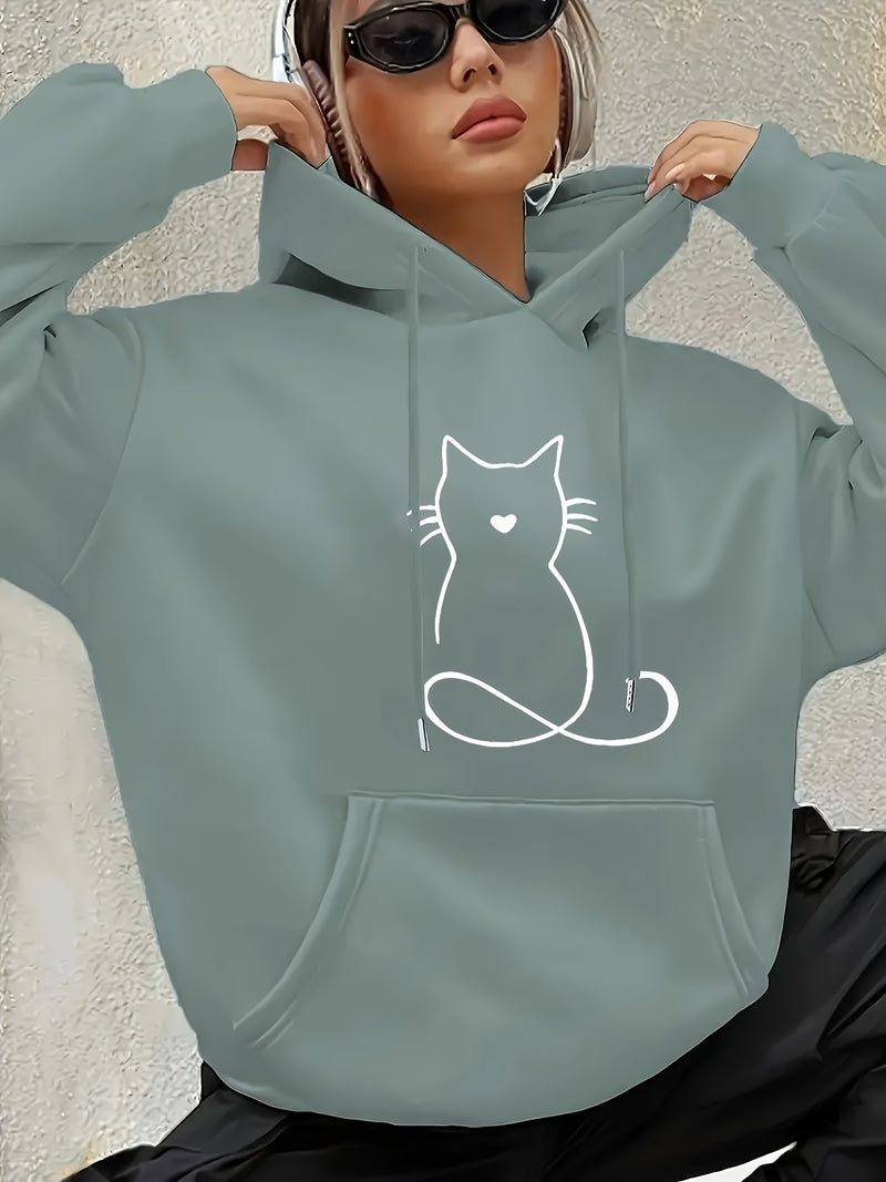 Women's Casual Cat Print Hoodie.