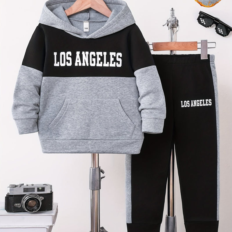 2pcs Boys Autumn/Winter Fleece-Lined Hooded Sweatshirt and Pants Set.