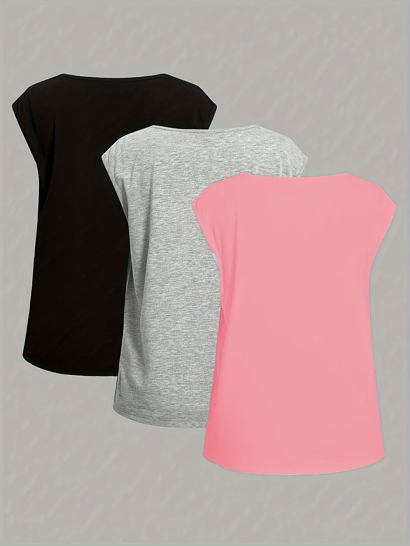 3pcs Set of Casual Floral, Heart, And Leopard Print Round Neck Fitted T-Shirts for Women.