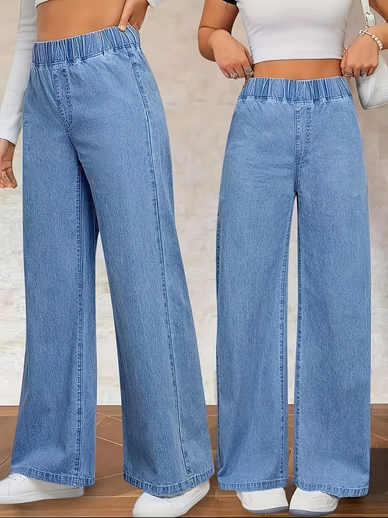 Women's Washed Casual High-Waisted Elastic Waistband Blue Jeans.