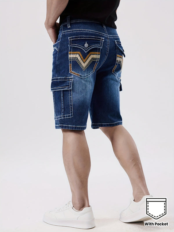 Slim Fit Stretch Denim Shorts with Embroidered Back Pockets - Mid-Rise Straight-Leg.