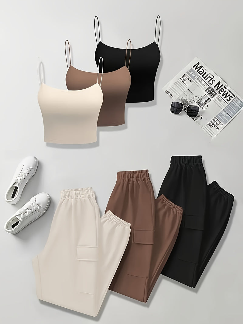 Set of 6 Items Including a Women's Thin Strap Tank Top And Solid Color Long Pants.
