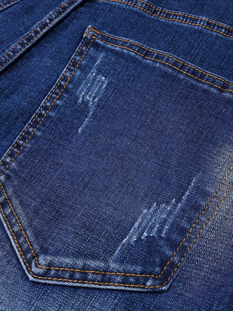 Men's Slim-Fit Stretch Denim Jeans in Dark Blue, Suitable for All Seasons.