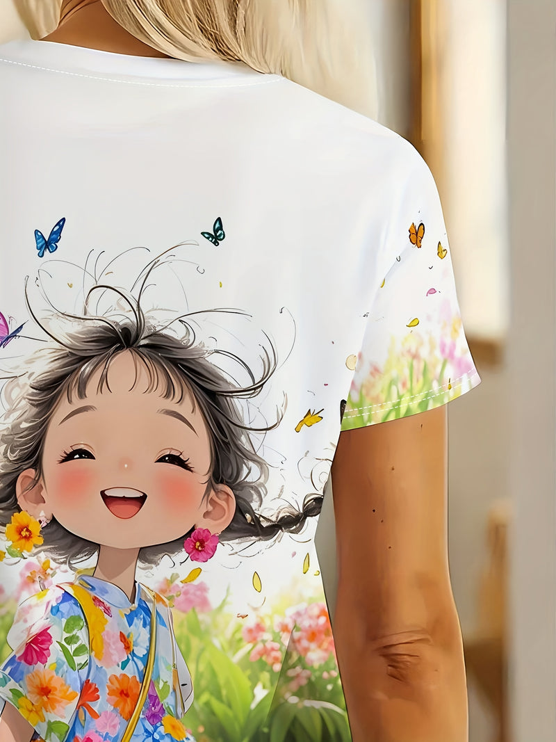 Women's Elegant Cartoon Print T-Shirt.