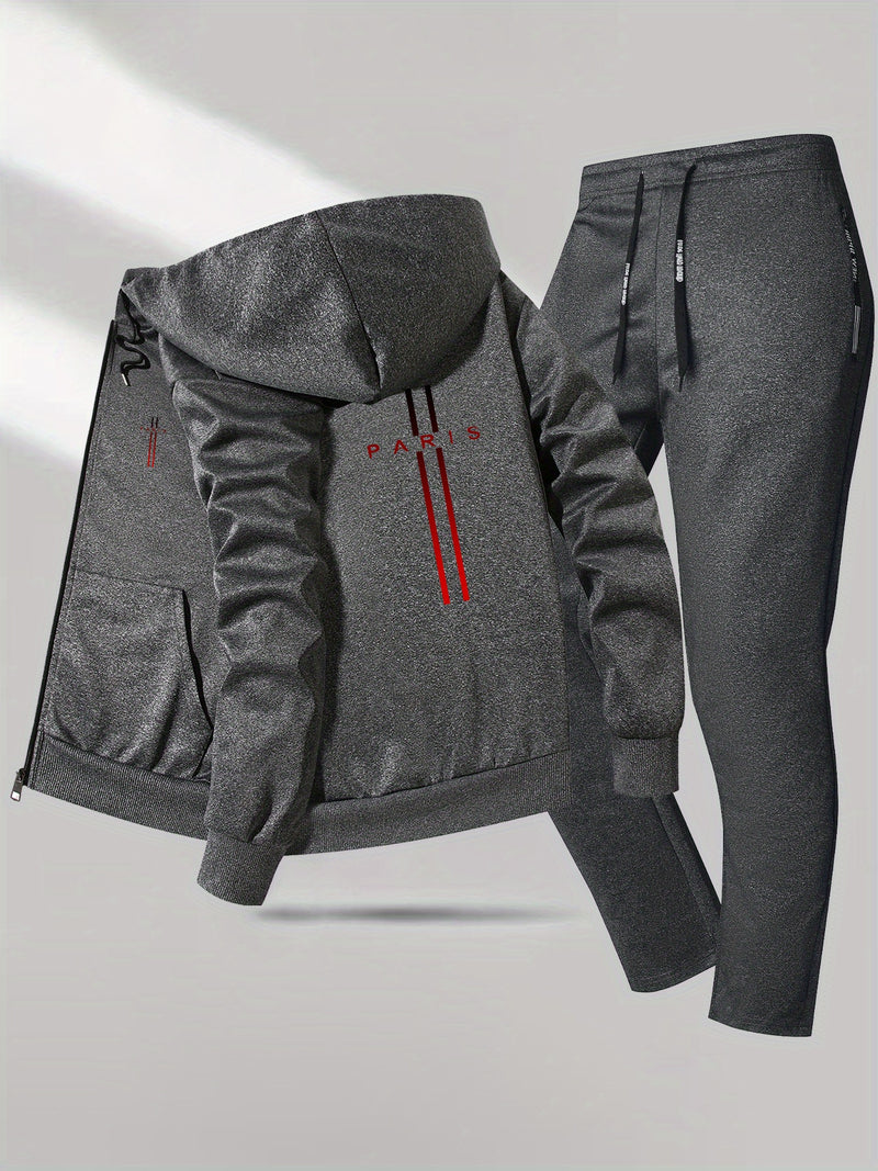 Men's 2pcs Slim-Fit Winter Jacket & Pants Suit with Paris Lettering.