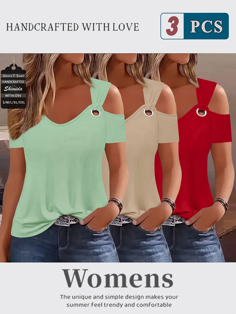 Three-Piece Summer Off-Shoulder Short-Sleeve T-Shirt for Women.
