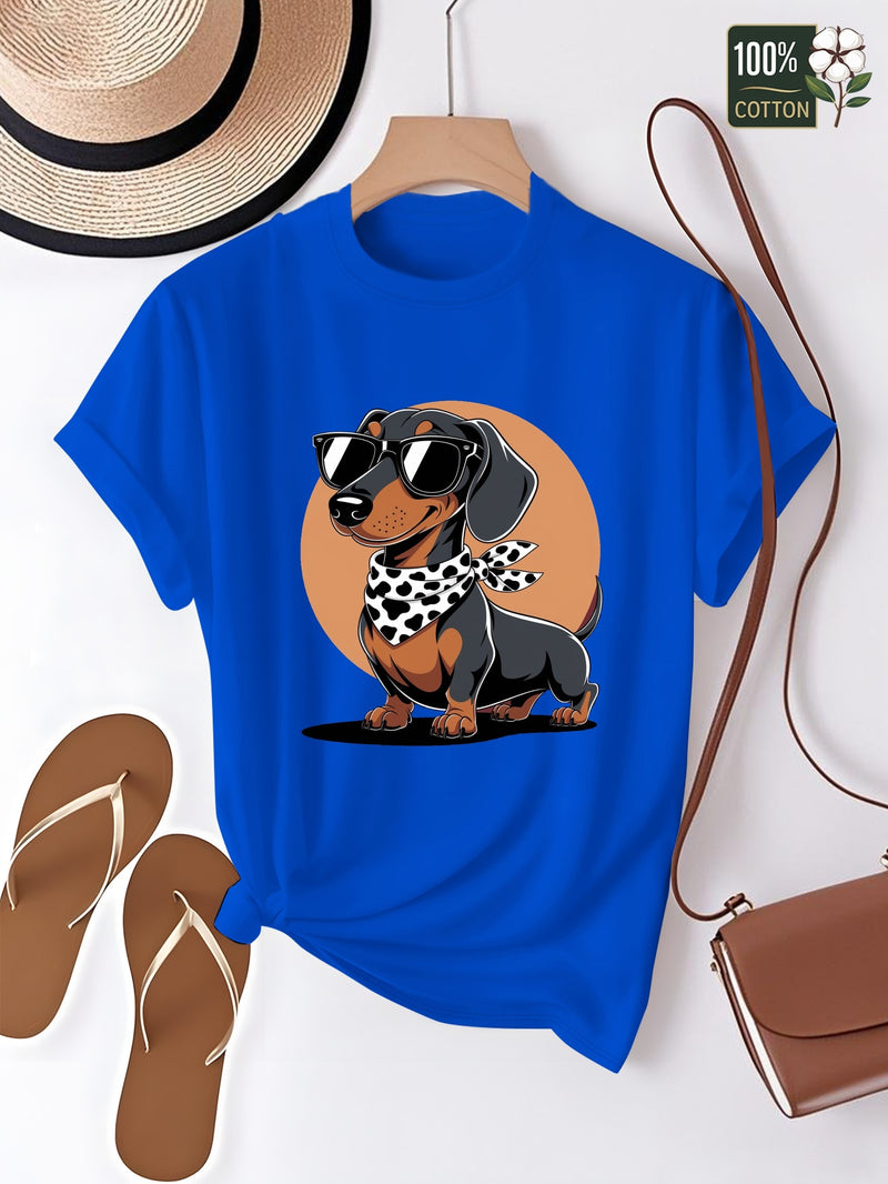 Women's T-Shirt Featuring a Cartoon Dachshund Wearing Glasses.