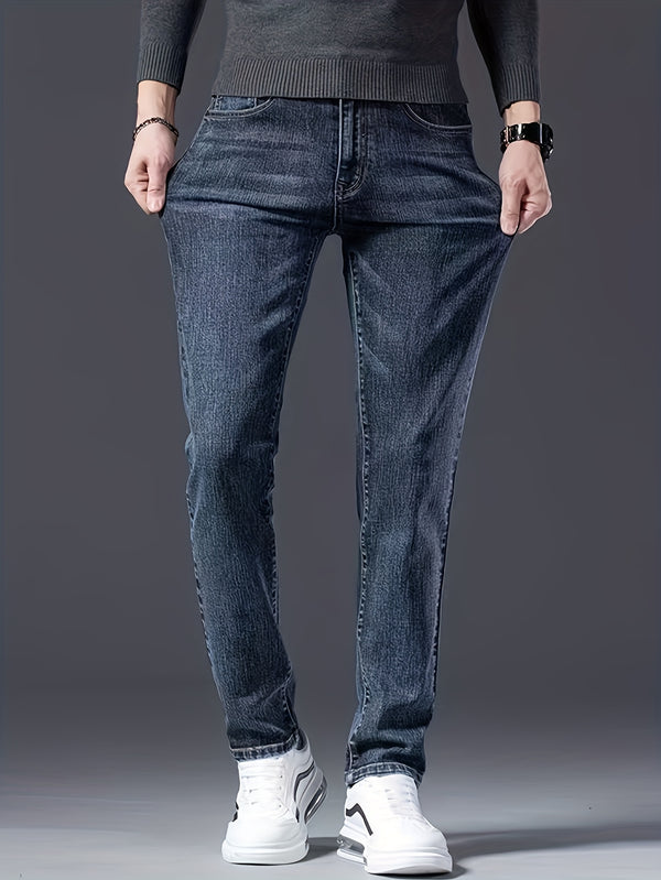 Men's Slim-Fit Stretch Denim Jeans in Dark Blue, Suitable for All Seasons.