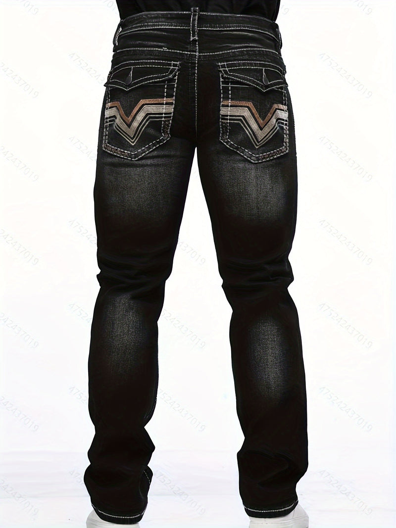 Men's Vintage-Inspired Slim Fit Embroidered Stretch Jeans.