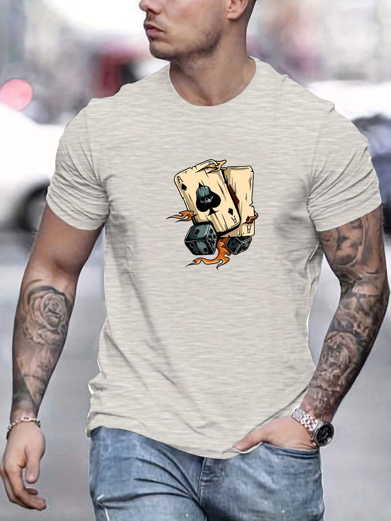 Men's Poker Card Pattern Summer Casual Crew Neck Short T-Shirt.