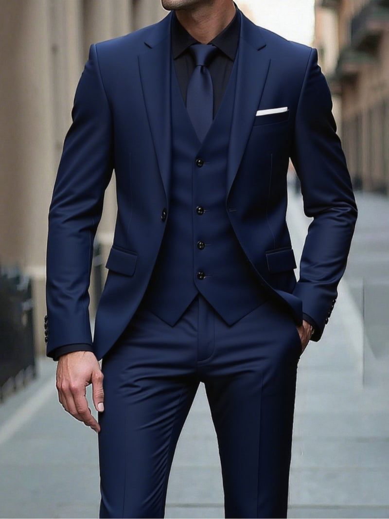 3pcs Suit Set for Men, Single-Breasted One-Button Black Suit And Trousers Set.