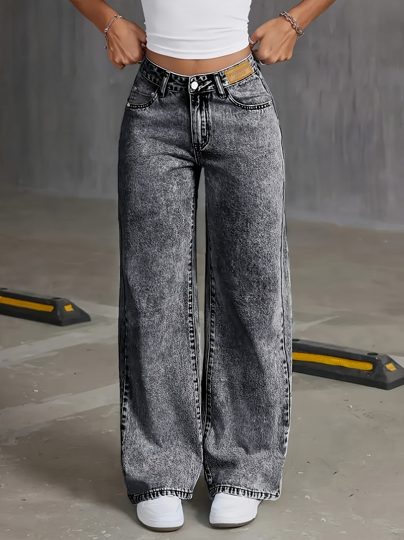 Women's Distressed Snowflake Washed Loose Straight-Leg Jeans.