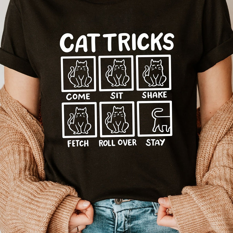 Women’s Clothing Cat Tricks Print Crew Neck T-shirt.