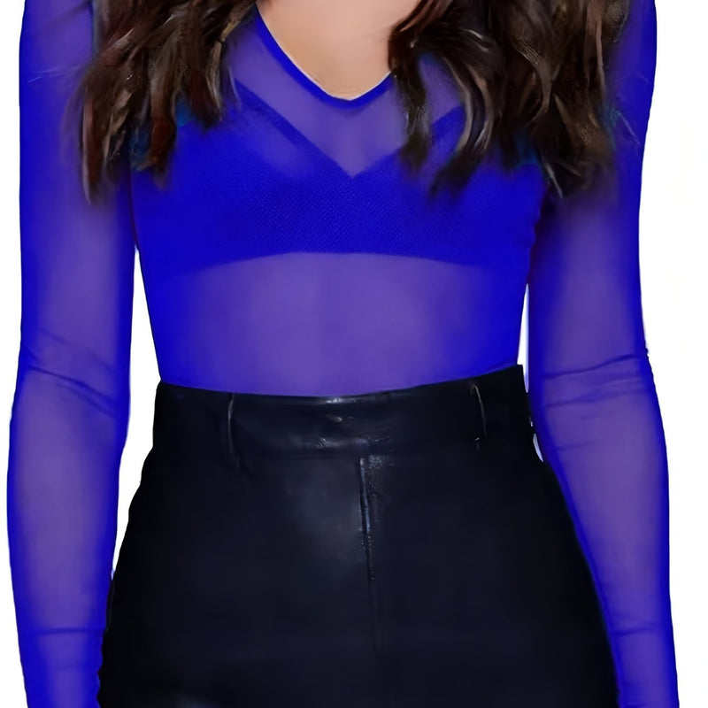 Women's Mesh Solid Color Sheer Sexy Stretchy Bodycon Thin Long-Sleeve Top.