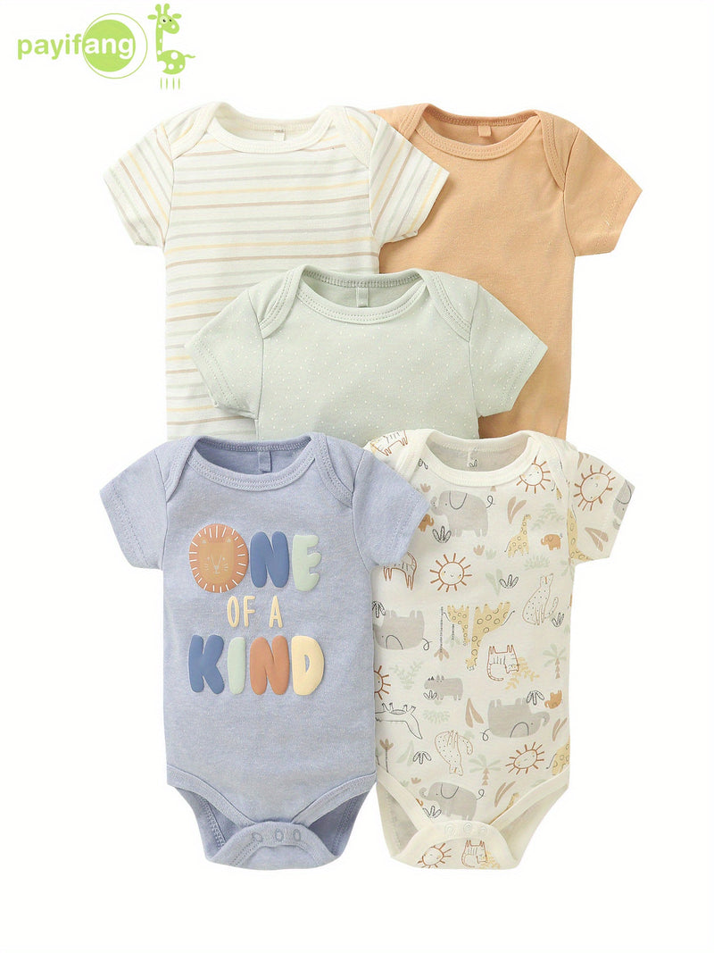 5pcs Set Newborn Infant Romper Animal Dinosaur Striped Suitable for Baby Boy.