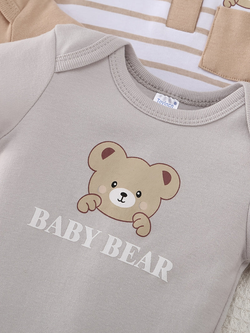 10pcs Boys' Onesies Set - Short Sleeve Snap-Fit Rompers with Bear & Animal Print.