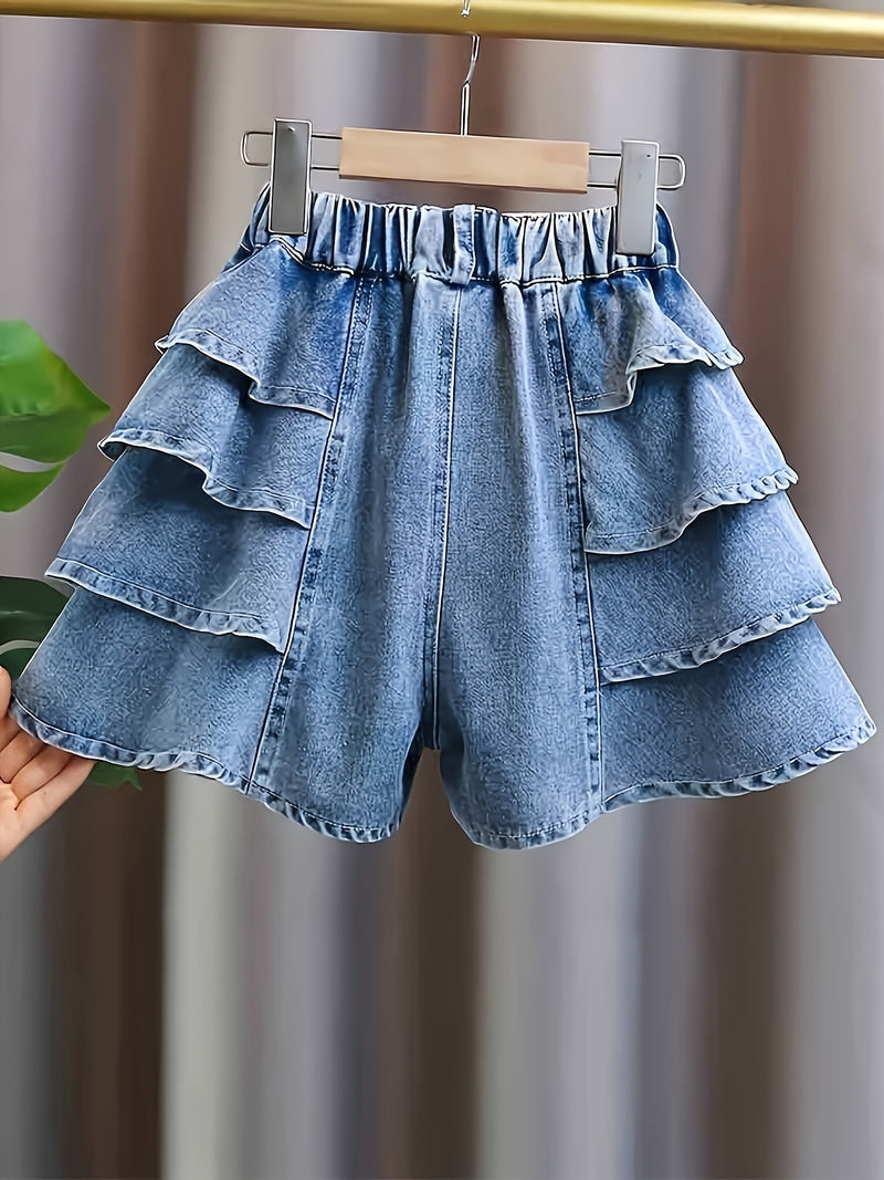 Girls' Summer Fashion Versatile Ruffle-trim Denim Shorts, Comfortable Lightweight.