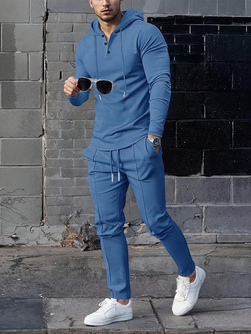 A Two-Piece Casual Outfit for Men Hooded Long-Sleeve T-Shirt.