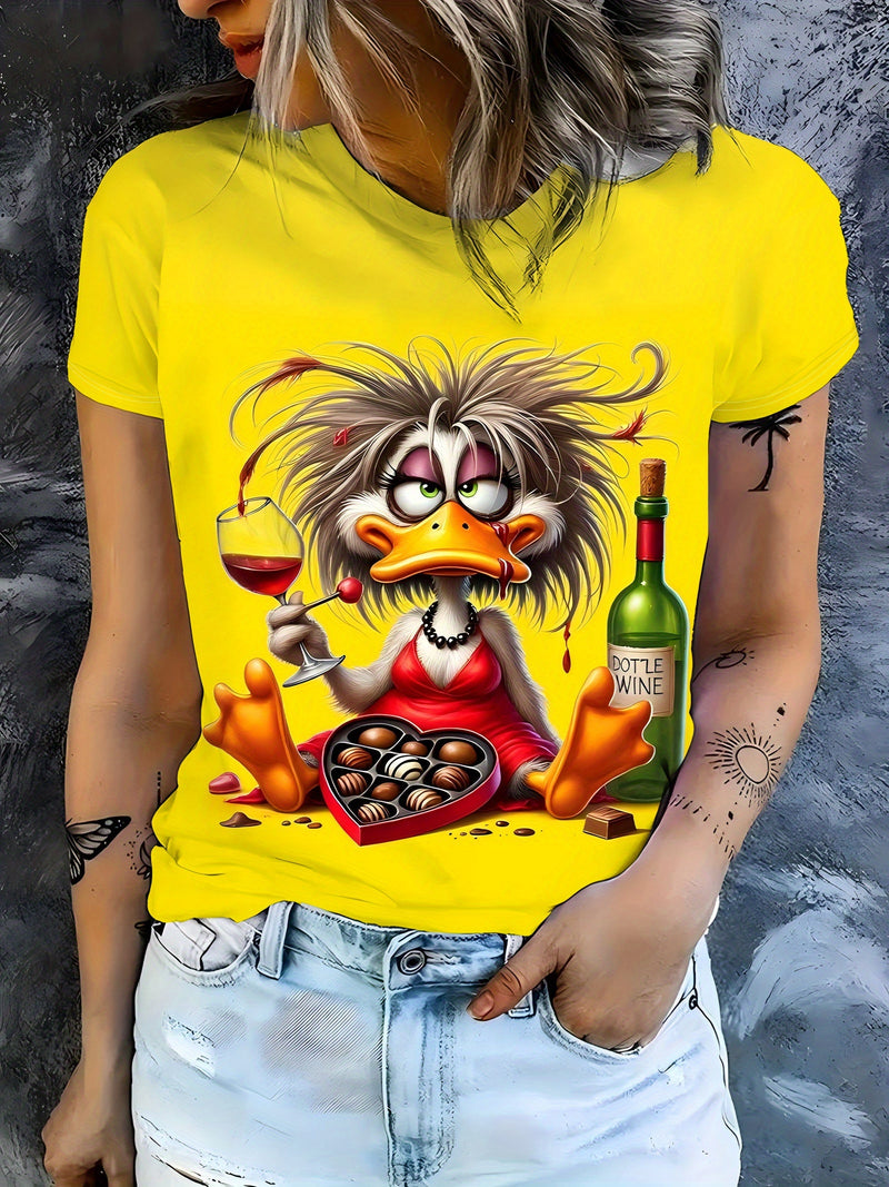 A Short-Sleeved Shirt Featuring a Casual Duck Wine Chocolate Design, Perfect for Women.