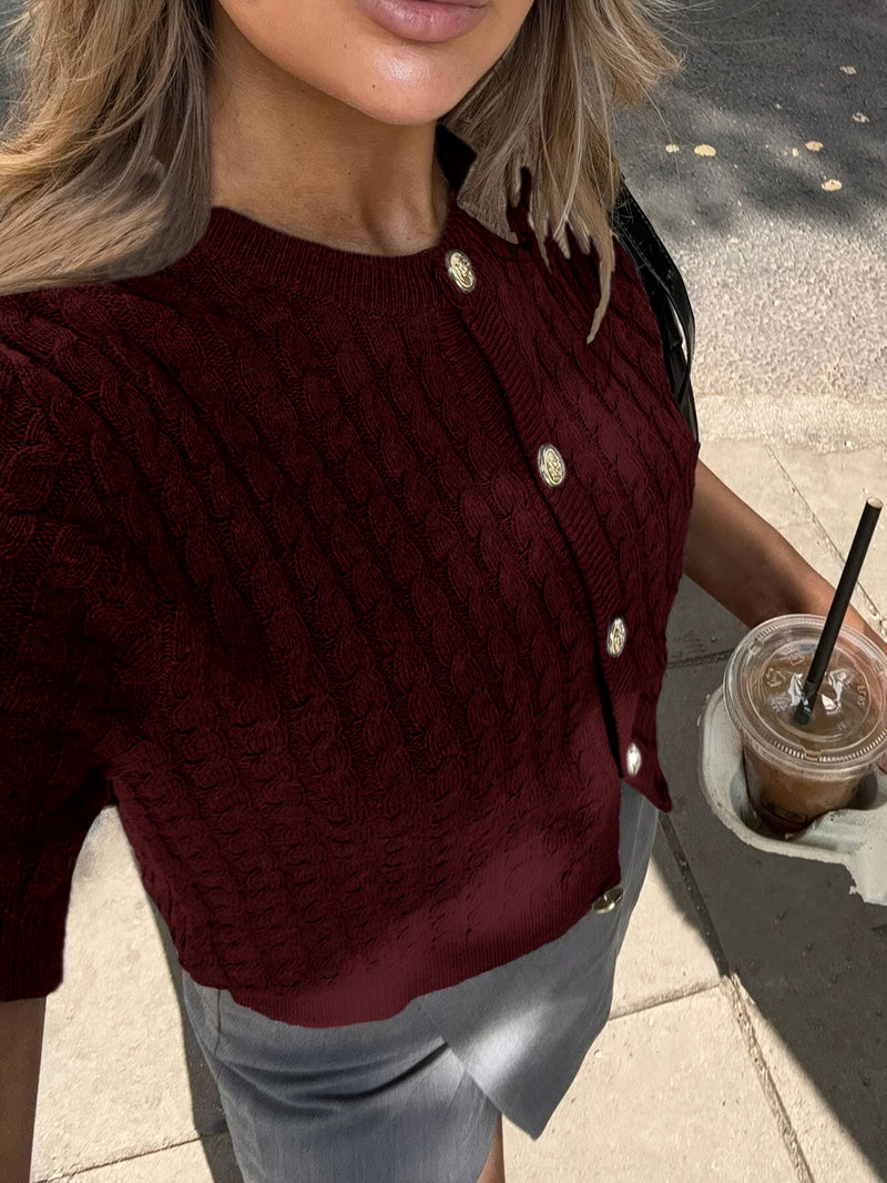 Women's Button-Front Solid Color Cable Blouse.