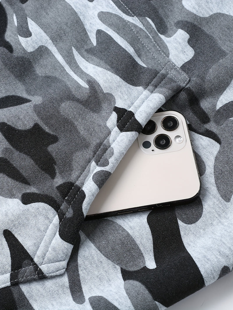 Men's Camouflage Print Hooded Sweatshirt and Jogger Set.