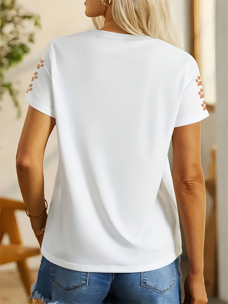 Women's Cute Pet Lover T-Shirt - Dog & Print Short Sleeve Crew Neck Top.