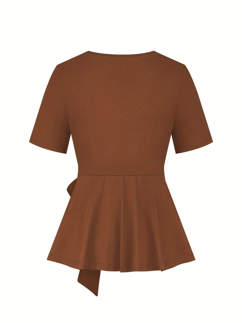 Women's elegant suit solid color round neck short sleeve tie bow top.