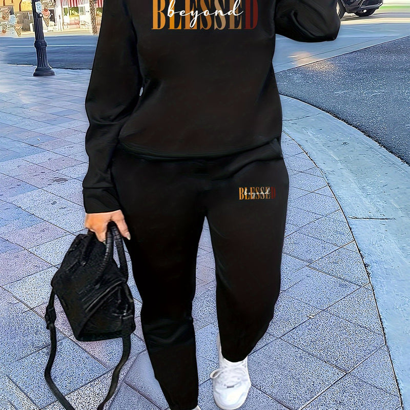 Women’s Letter Print Two Piece Set, Crew Neck Sweatshirt & Pants.