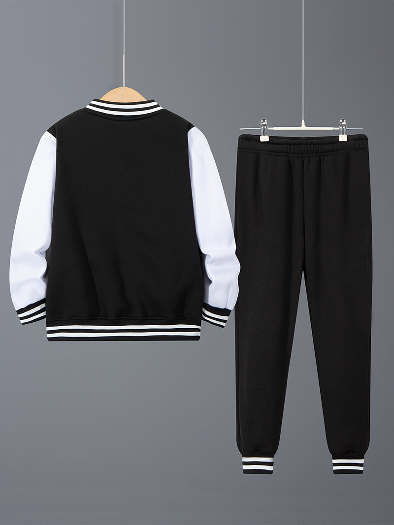 2pcs Boys  Winter Warm Letter 'A' Print Baseball Jacket & Pants Suit.