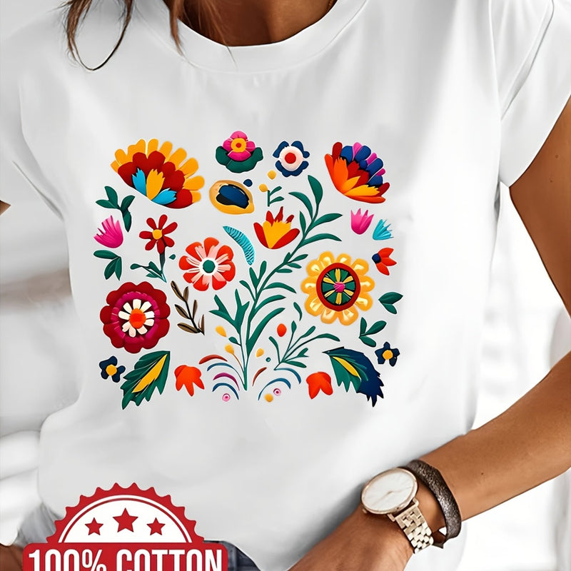 Women’s Casual Short-Sleeve T-Shirt with a Floral Graphic Print.