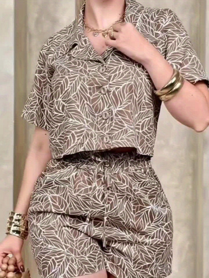 Women’s Collar Short Sleeve Shirt and Shorts Two-Piece.