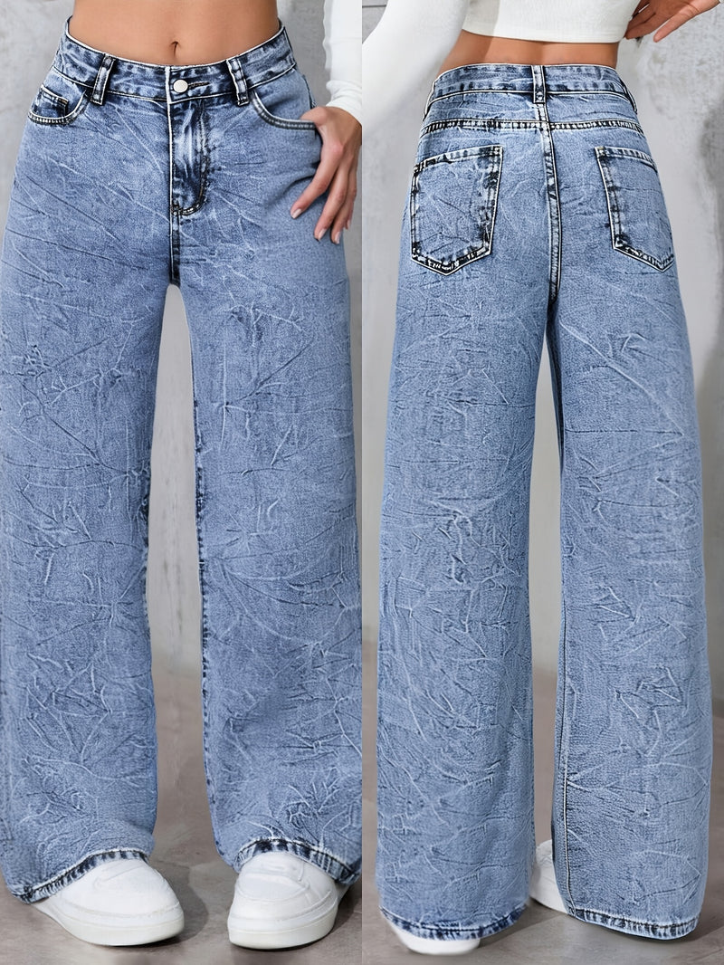 Women's High-Waisted Simple Versatile Distressed Wide Leg Jeans.