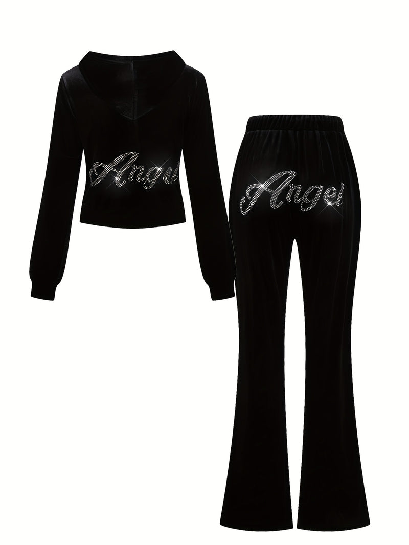 Women’s Black Rhinestone Decorated Hooded Zipper Top and Pocket Pants.