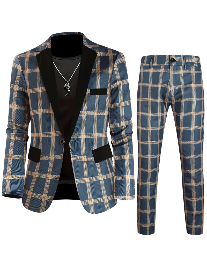 2pcs Men'S Casual Fashion Patchwork Plaid Suit | Non-Stretch Fabric.