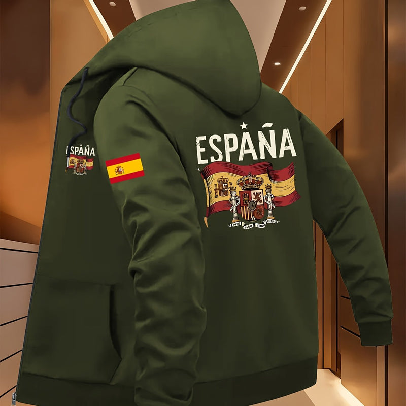 Men's Spanish Flag & Spain Lettering Print Hooded Jacket.