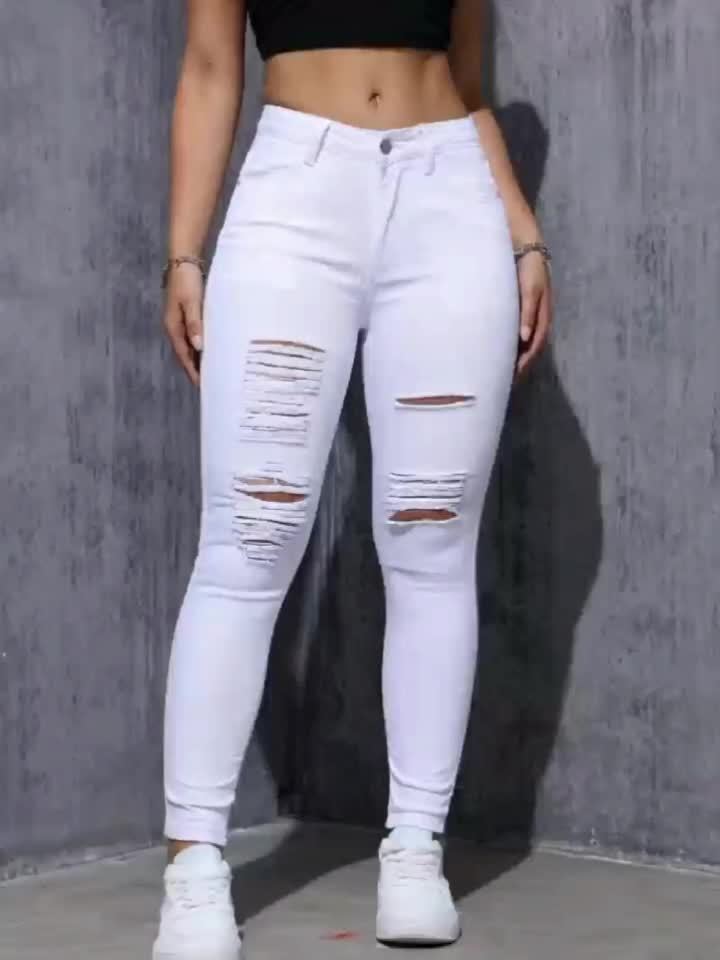 Women's Ripped Skinny Pants, Elastic Slim-fit.