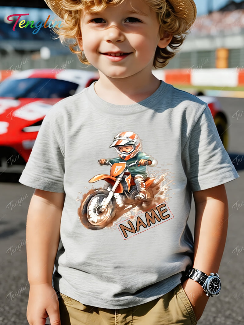 Custom Motorcycle Print Short Sleeve T-Shirt for Boys and Girls.