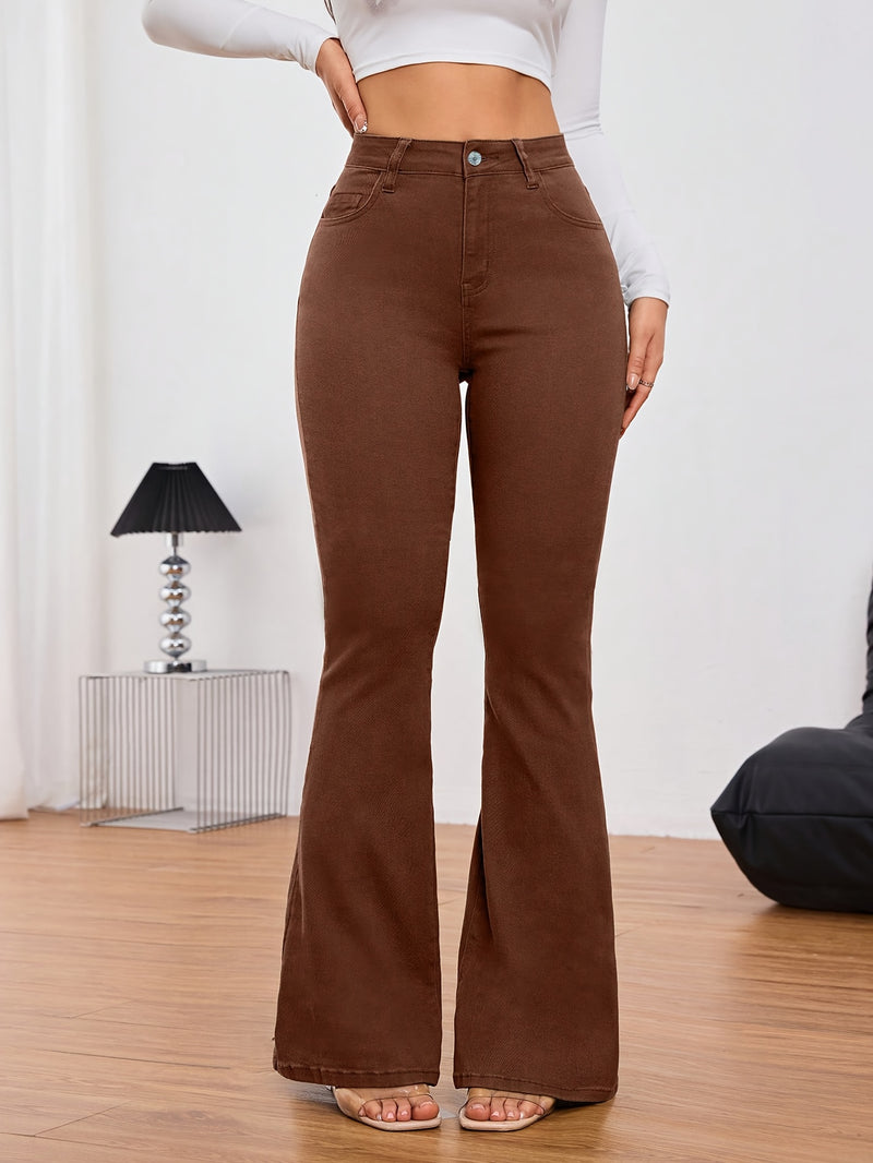 Coffee Brown Fashionable Elegant Women's Flared Jeans.