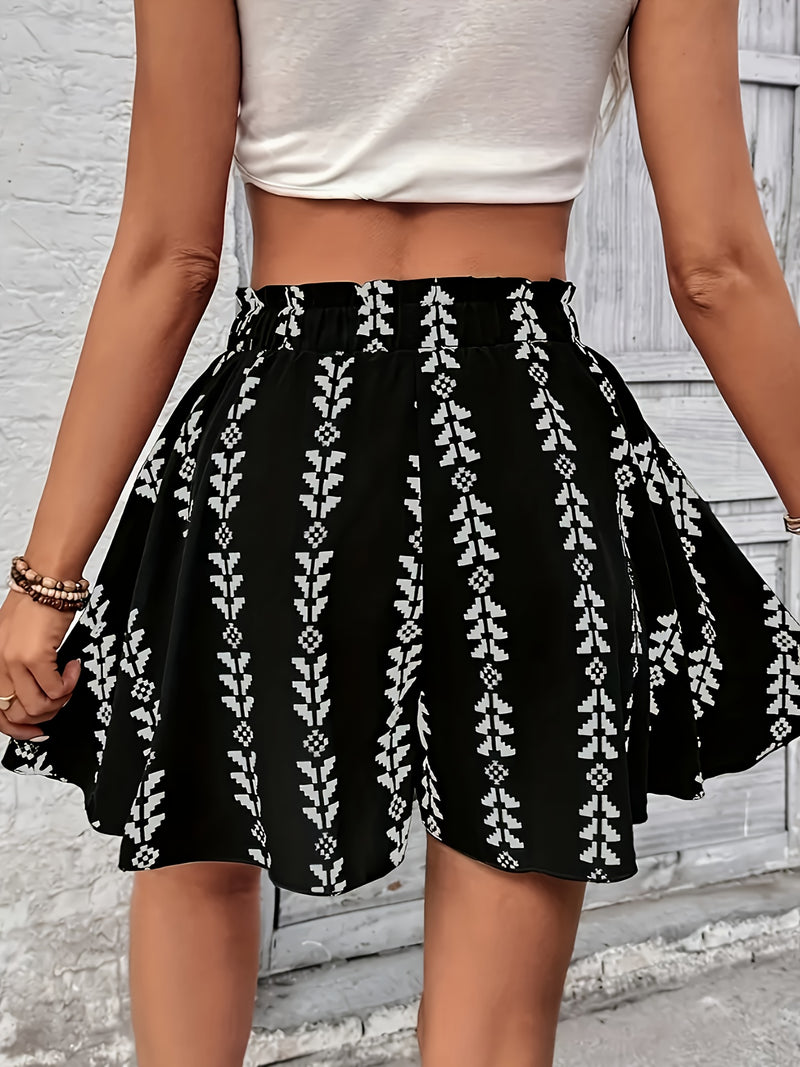 Elegant 2pcs Set, Summer Floral Print, Elastic Waistband Beach Vacation Shorts.